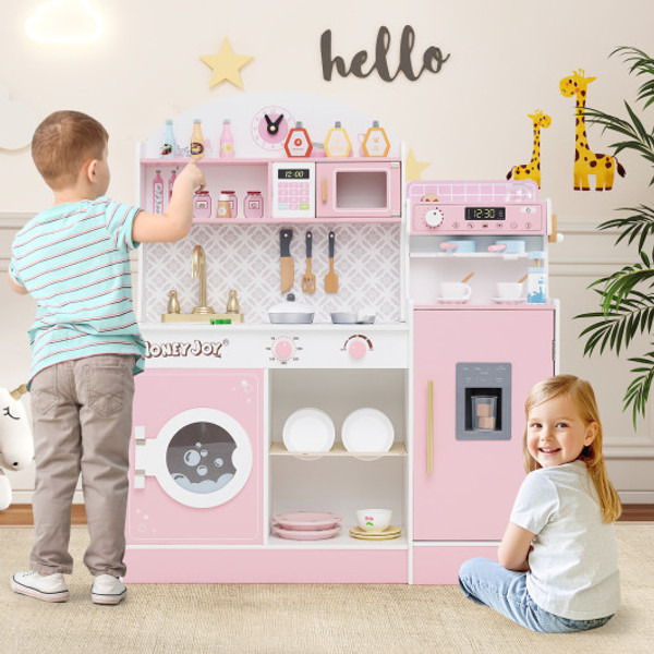 Kids Kitchen Set Wooden With Coffee Makers And Accessories Pink Tm10119Pi By Cw