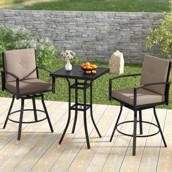 3 Pieces Patio Swivel Bar Set With Soft Cushions And Umbrella Hole Brown Np12165Cf By Cw
