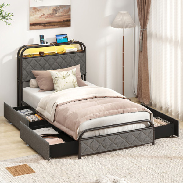Twin Full Queen Size Bed Frame With Led Lights And Charging Station Twin Size Hu10931Dk T By Cw