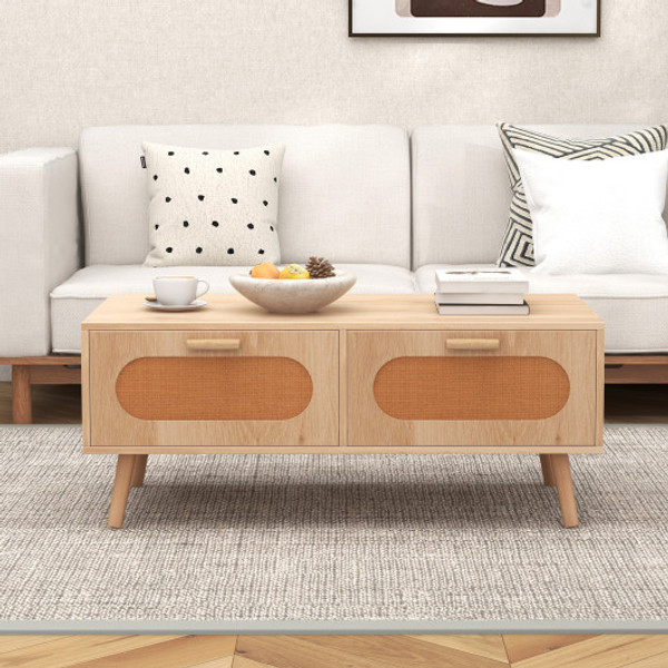 Rattan Coffee Table Mid Century Modern Center Table With 2 Storage Drawers Natural Jv11728Na By Cw