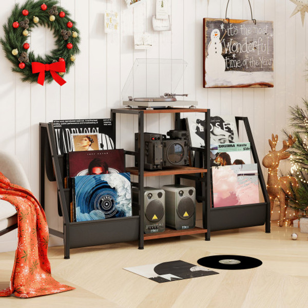 Record Player Stand For Up To 200 Albums Turntable Display Stand With 3 Shelves Rustic Brown Jz10290Cf By Cw