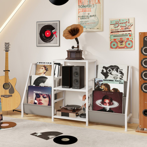 Record Player Stand For Up To 200 Albums Turntable Display Stand With 3 Shelves White Jz10290Wh By Cw