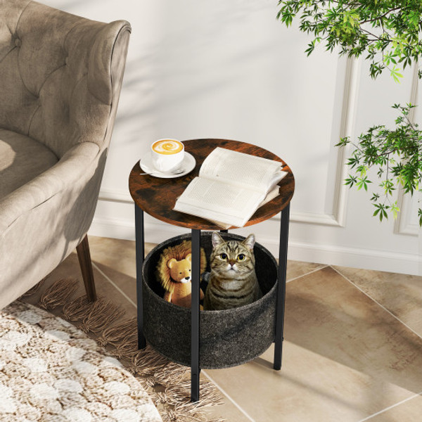Round End Table 2 Tier Side Table With Removable Fabric Basket And Metal Frame Rustic Brown Jv12148Cf By Cw