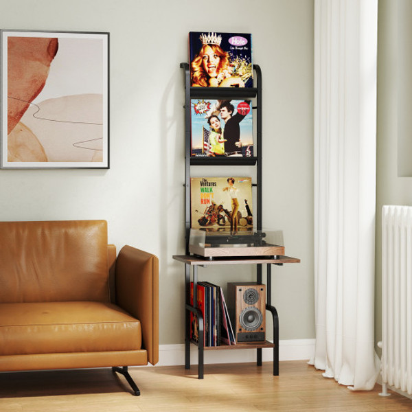 5 Tier Record Player Stand With Vinyl Display Shelf And Record Holder Rustic Brown Jz10288Cf By Cw