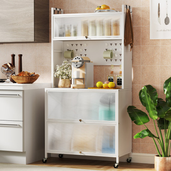 5 Tier Kitchen Bakers Rack With Lights Multifunctional Microwave Stand With Flip Door Cabinets White Jv12280Wh By Cw