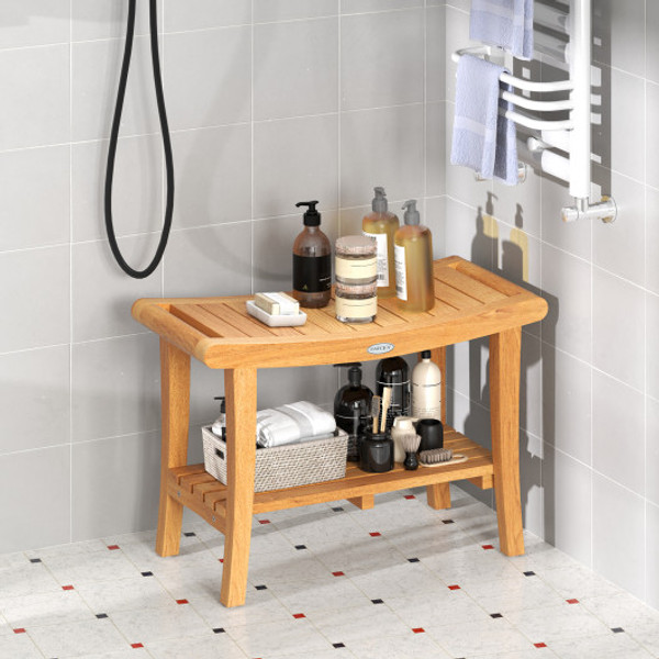 30 Inches Large Teak Shower Stool With Storage Shelf And Non Slip Footpads Jv12440 By Cw