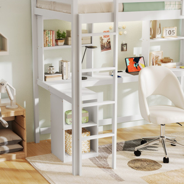 Twin Loft Bed With Led Light And Desk No Box Spring Needed White Hu11059Wh By Cw