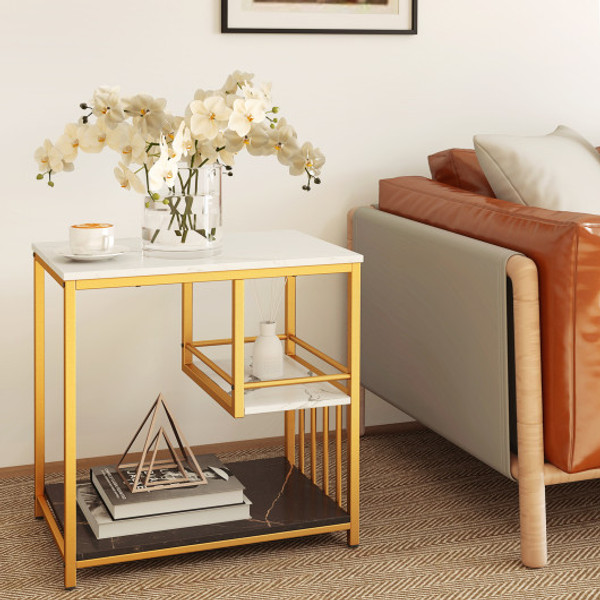 3 Tier Multi Function Marble End Table With Storage Shelf Golden Jv10376Wh By Cw
