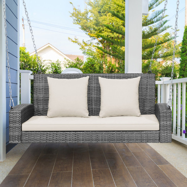 2 Person Patio Pe Wicker Hanging Porch Swing Bench Chair Cushion 800 Pounds White Hw69619Wh By Cw