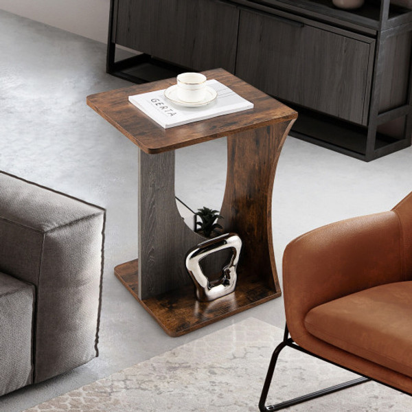 2 Tier Compact C Shape Sofa Side Table Rustic Brown Hv10035Cf By Cw