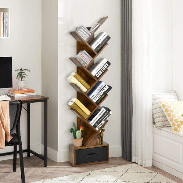 10 Tier Tree Bookshelf With Drawer Free Standing Storage Bookcase Cb10372Cf By Cw
