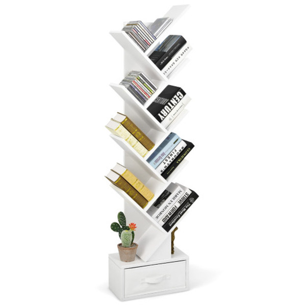 10 Tier Bookshelf With Drawer Free Standing Storage Bookcase White Cb10372Wh By Cw