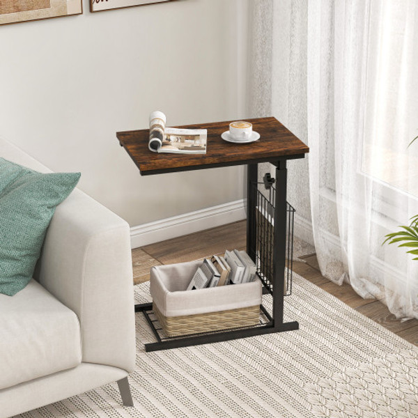 C Shape Sofa Side Table With Storage Basket Rustic Brown Jv10488Bn By Cw
