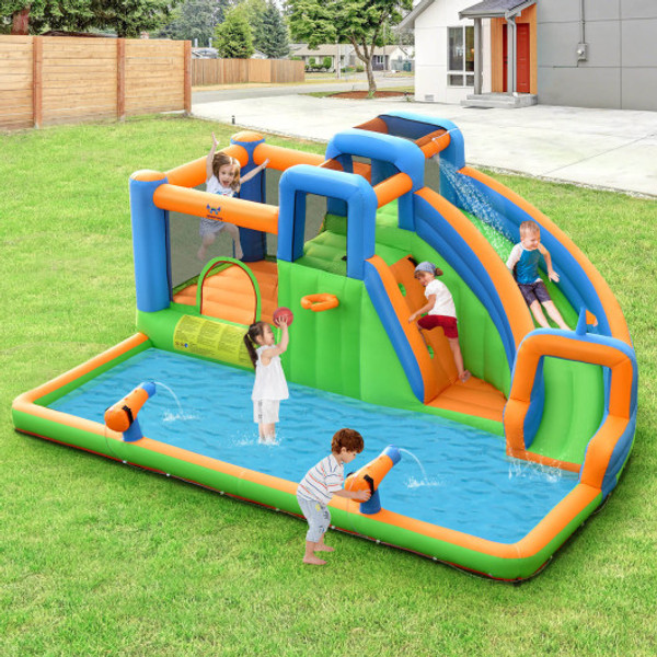 7 In 1 Inflatable Giant Water Park Bouncer With Dual Climbing Walls And 735W Blower Np10366Us By Cw