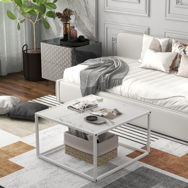Modern Glass Square Coffee Table With Metal Frame For Living Room White Jv10429Wh By Cw