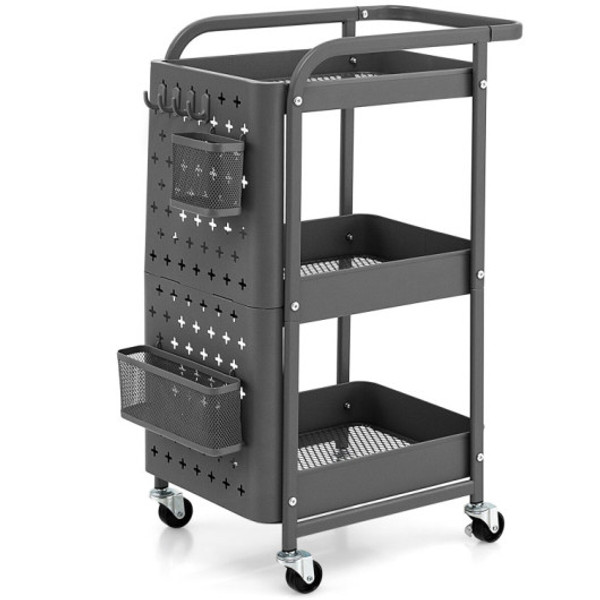3 Tier Utility Storage Cart With Diy Pegboard Baskets Gray Kc55044Gr By Cw
