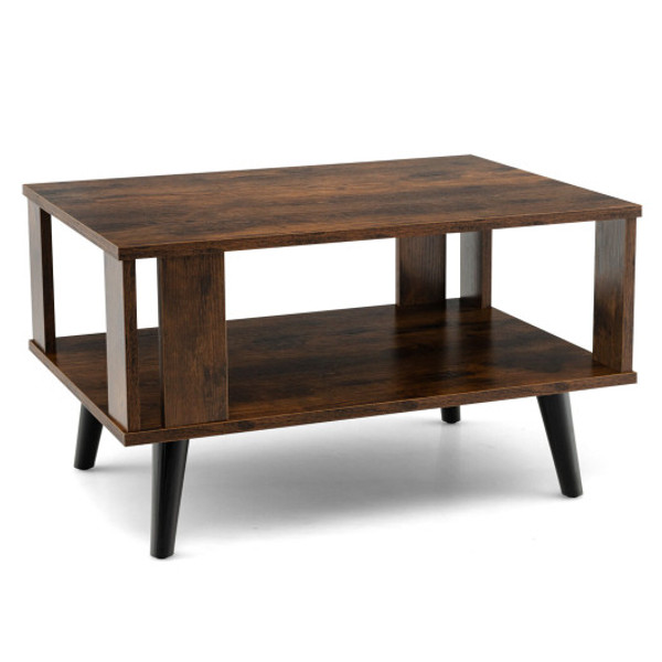 Compact Retro Mid Century Coffee Table With Storage Open Shelf Rustic Brown Hv10347Cf By Cw
