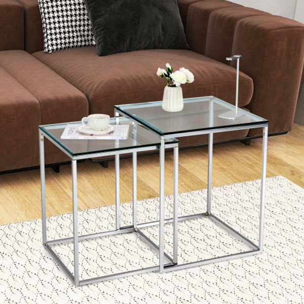 2 Pieces Modern Nesting Coffee Table With Tempered Glass Top And Steel Frame Sliver Jv10638Sl By Cw