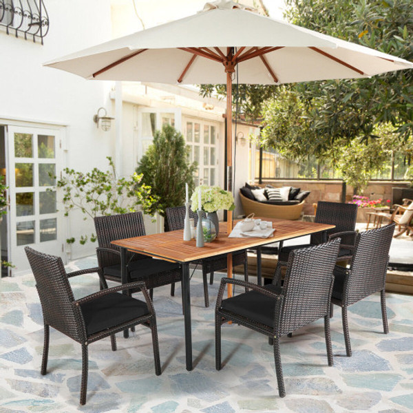 7 Pieces Patio Rattan Cushioned Dining Set With Umbrella Hole Black Hw70680Dk By Cw