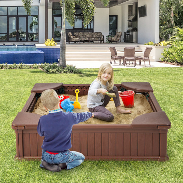 Kids Outdoor Sandbox With Oxford Cover And 4 Corner Seats Brown Tp10087Cf By Cw