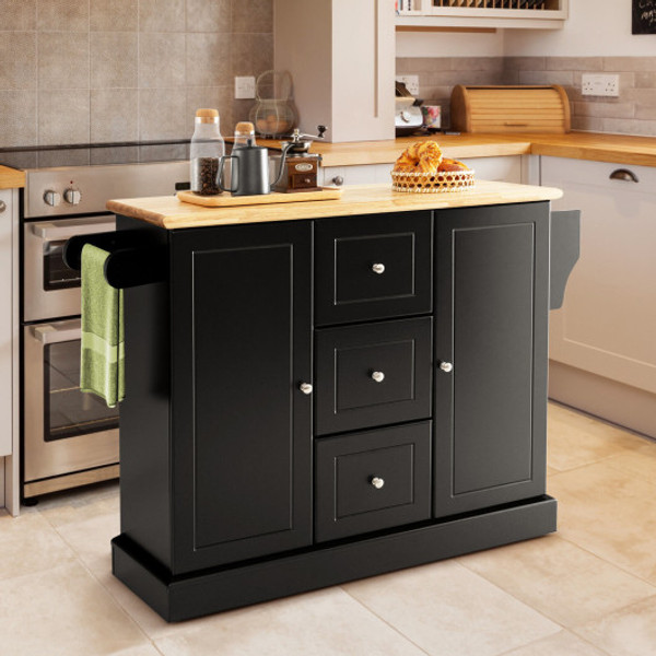 2 Door Large Mobile Kitchen Island Cart With Hidden Wheelsand 3 Drawers Black Kc54247Bk By Cw