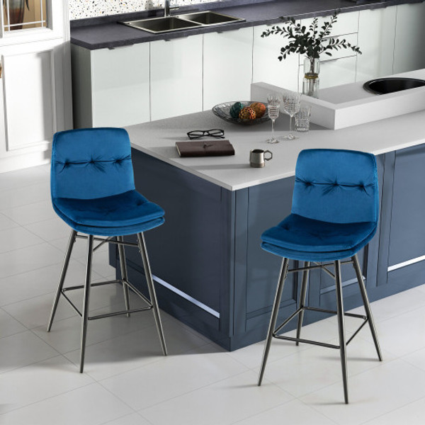 2 Pieces 29 Inch Velvet Bar Stools Set With Tufted Back And Footrests Blue Jv10701Bl 2 By Cw