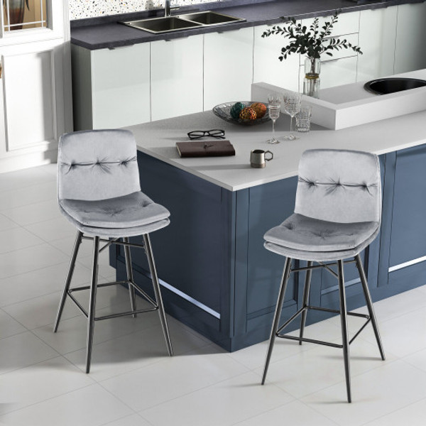 2 Pieces 29 Inch Velvet Bar Stools Set With Tufted Back And Footrests Gray Jv10701Gr 2 By Cw