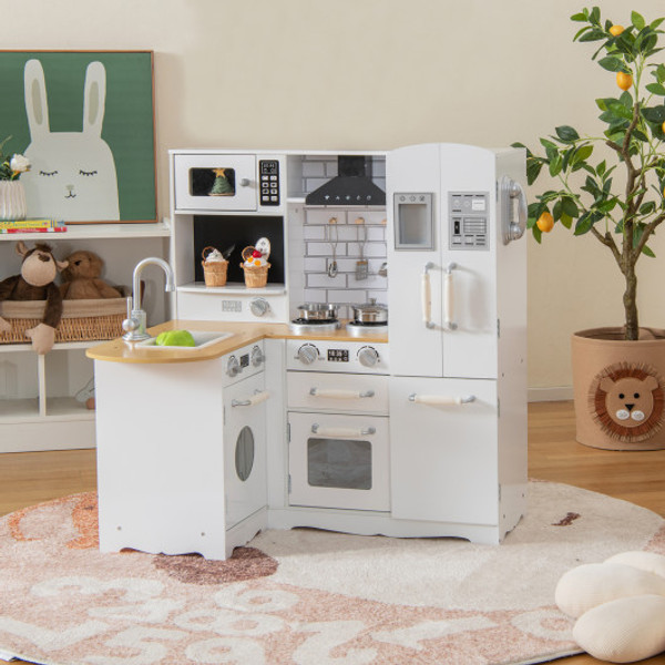 Wooden Kid S Corner Kitchen Playset With Stove For Toddlers Natural White Tp10078Wh By Cw