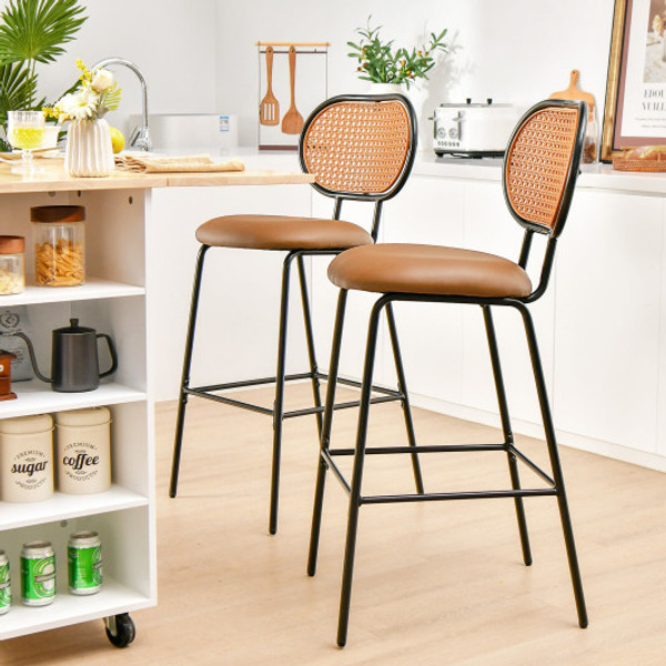 29 5 Inch Modern Faux Leather Bar Stools With Imitation Rattan Woven Backrest Brown Jv10738Bn 2 By Cw