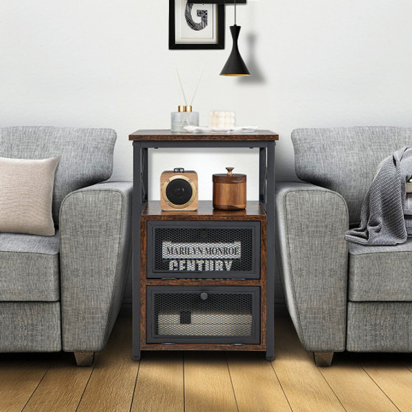 Set Of 2 Modern Nightstand With 2 Flip Drawers And Open Shelf Rustic Brown Jv10763Cf 2 By Cw