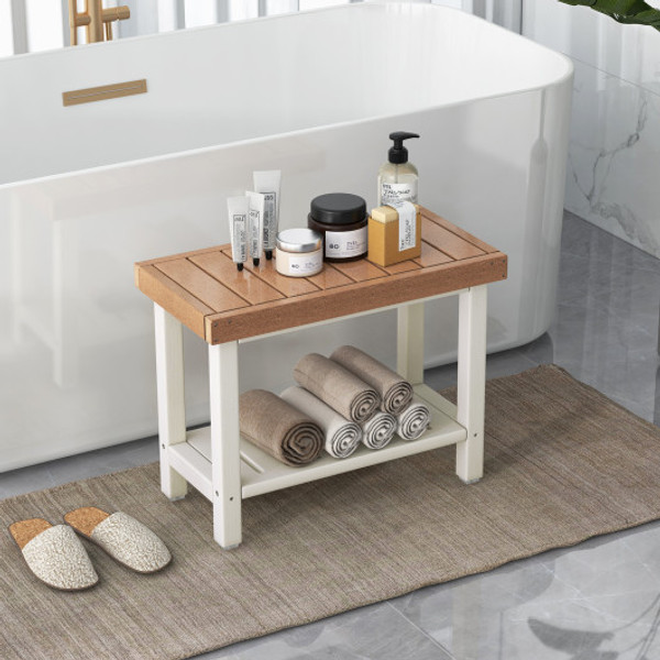 2 Tier Hdpe Shower Chair With Storage Shelf And Anti Slip Foot Pads For Bath Spa Brown Ba7865Cf By Cw