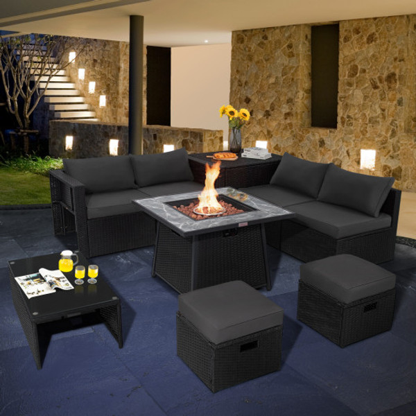 9 Pieces Outdoor Wicker Sectional With 35 Inch Gas Fire Pit Table Gray Np10262Dk Hw68605Gr By Cw