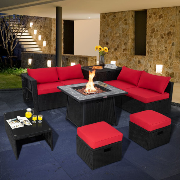 9 Pieces Outdoor Wicker Sectional With 35 Inch Gas Fire Pit Table Red Np10262Dk Hw68605Re By Cw