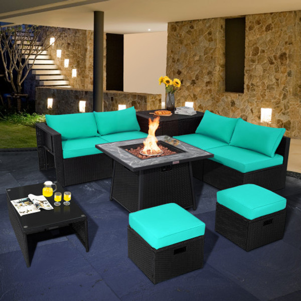 9 Pieces Outdoor Wicker Sectional With 35 Inch Gas Fire Pit Table Turquoise Np10262Dk Hw68605Tu By Cw