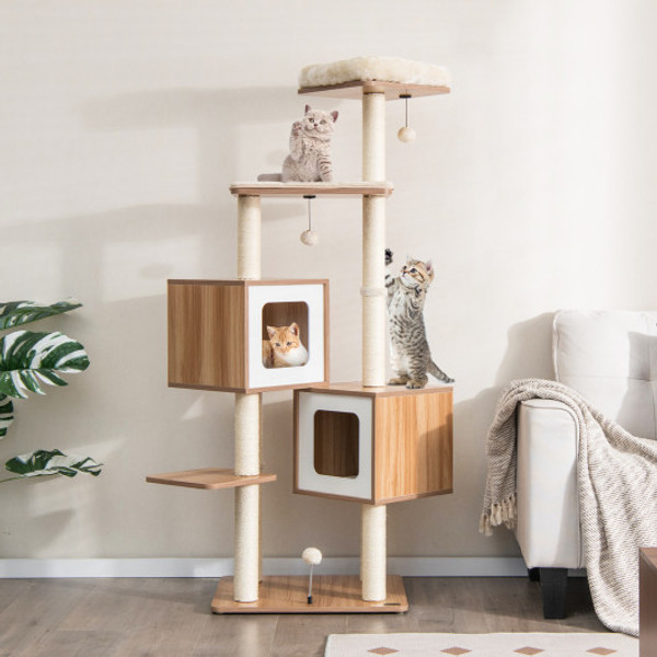 Modern Wooden Cat Tree With Perch Condos And Washable Cushions Natural Pv10071Bn By Cw