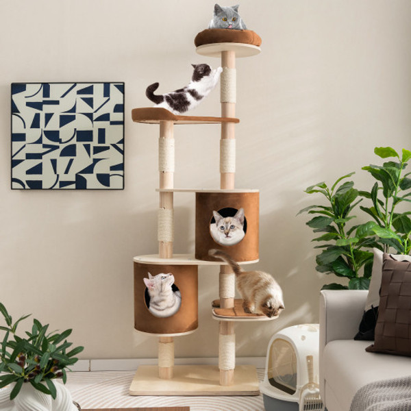 6 Tier Wooden Cat Tree With 2 Removeable Condos Platforms And Perch Brown Pv10070Bn By Cw