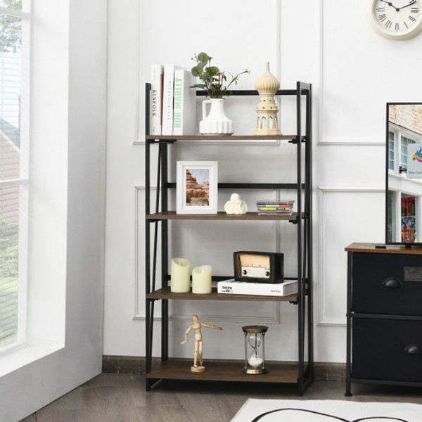 4 Tier Folding Bookshelf No Assembly Industrial Bookcase Display Shelves Hw67175 By Cw