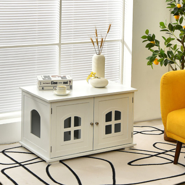 Large Wooden Cat Litter Box Enclosure Hidden Cat Washroom With Divider White Ps7425Wh By Cw