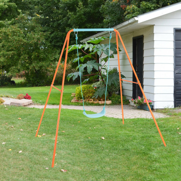 Outdoor Kids Swing Set With Heavy Duty Metal A Frame And Ground Stakes Orange Ty327972Or By Cw