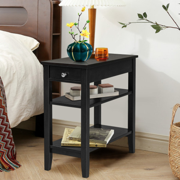 Side End Table With Drawer And 2 Tier Open Storage Shelves For Space Saving Black Jv10197Bk By Cw