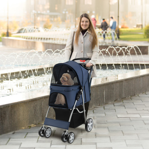 Folding Pet Stroller With Storage Basket And Adjustable Canopy Navy Ps7427Ny By Cw