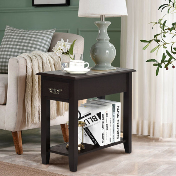 2 Pieces 2 Tier Sofa Side End Table With Drawer And Open Shelf Dark Brown Hw63091Cf 2 By Cw