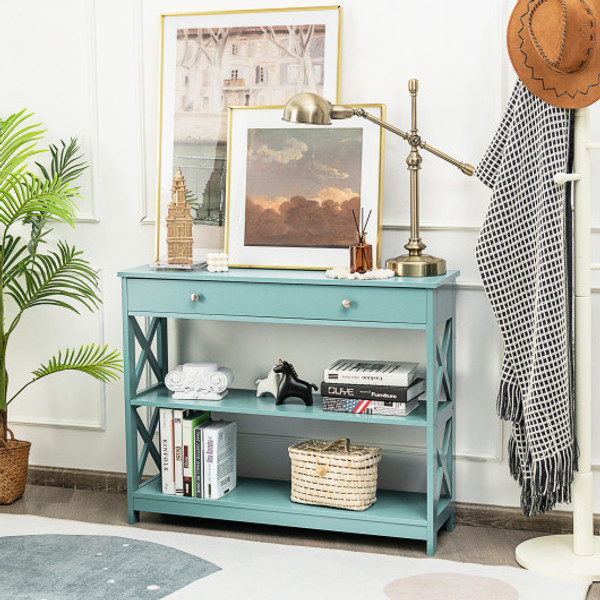 Console Table 3 Tier With Drawer And Storage Shelves Turquoise Hw66090Ls By Cw