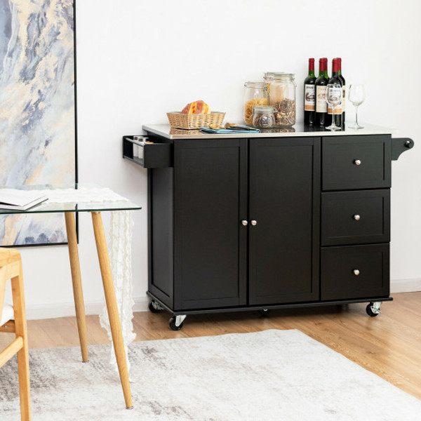Rolling Kitchen Island With Stainless Steel Countertop And 3 Drawers Black Hw64505Bk By Cw