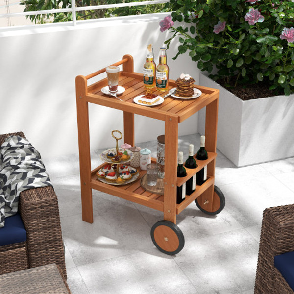 2 Tier Rolling Serving Cart With Wine Bottle Holders And 2 Rubber Wheels Th10088 By Cw
