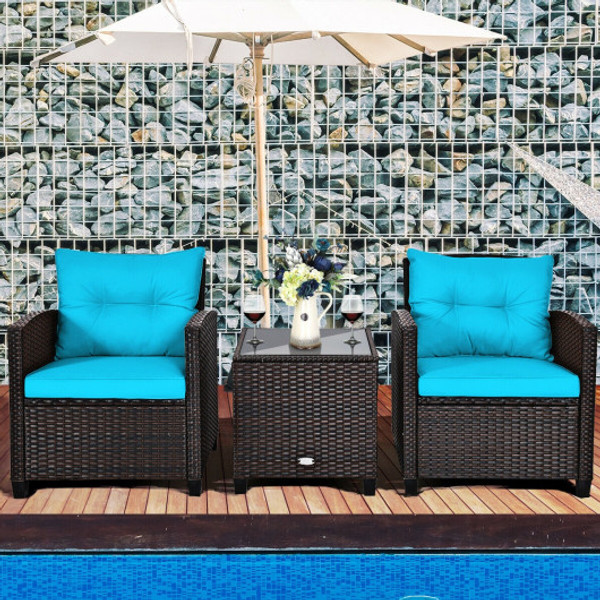 3 Pcs Patio Rattan Furniture Set Cushioned Conversation Set Coffee Table Turquoise Hw68667Tu By Cw