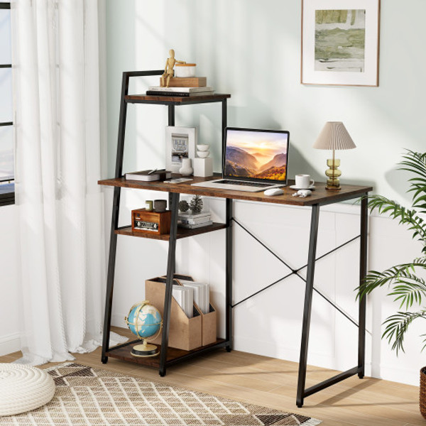 Computer Desk With Shelves And 3 Tier Storage Bookshelf Brown Hw65585Cf By Cw