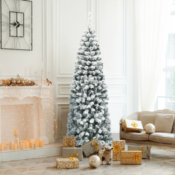6 Feet Unlit Hinged Snow Flocked Artificial Pencil Christmas Tree With 500 Branch Tip Cm22872 By Cw