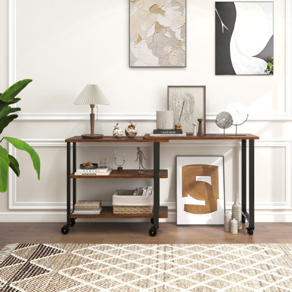 360 Rotating Sofa Side Table With Storage Shelves And Wheels Rustic Brown Hw63073Cf By Cw