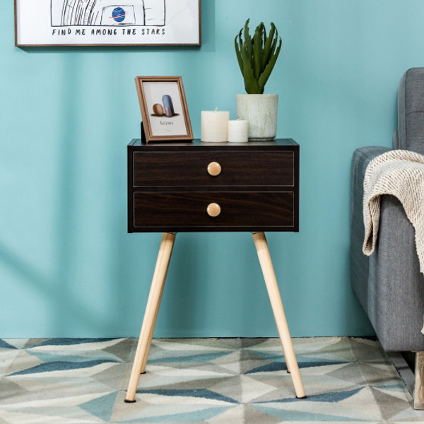 Mid Century Modern 2 Drawers Nightstand In Natural Coffee Hw65705Cf By Cw
